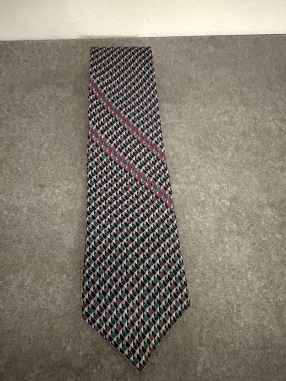 Yves Saint Laurent Geometric Silk Tie - Navy, Teal & Burgundy Vintage